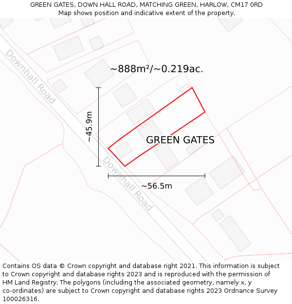 GREEN GATES, DOWN HALL ROAD, MATCHING GREEN, HARLOW, CM17 0RD: Plot and title map