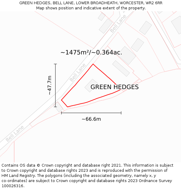 GREEN HEDGES, BELL LANE, LOWER BROADHEATH, WORCESTER, WR2 6RR: Plot and title map