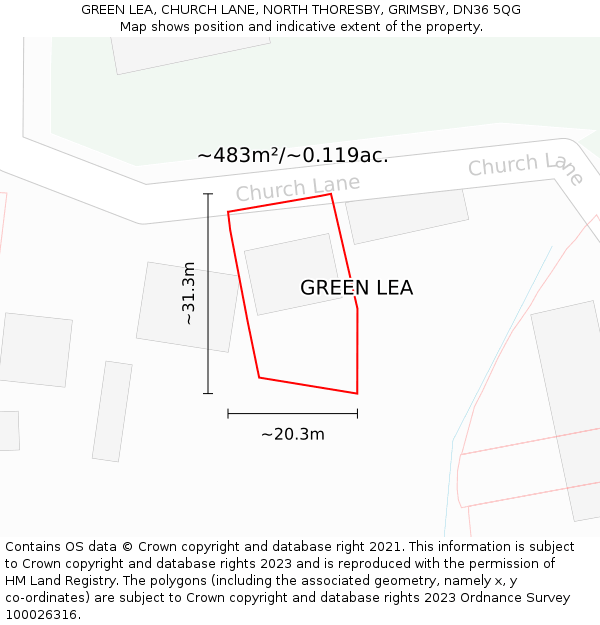 GREEN LEA, CHURCH LANE, NORTH THORESBY, GRIMSBY, DN36 5QG: Plot and title map