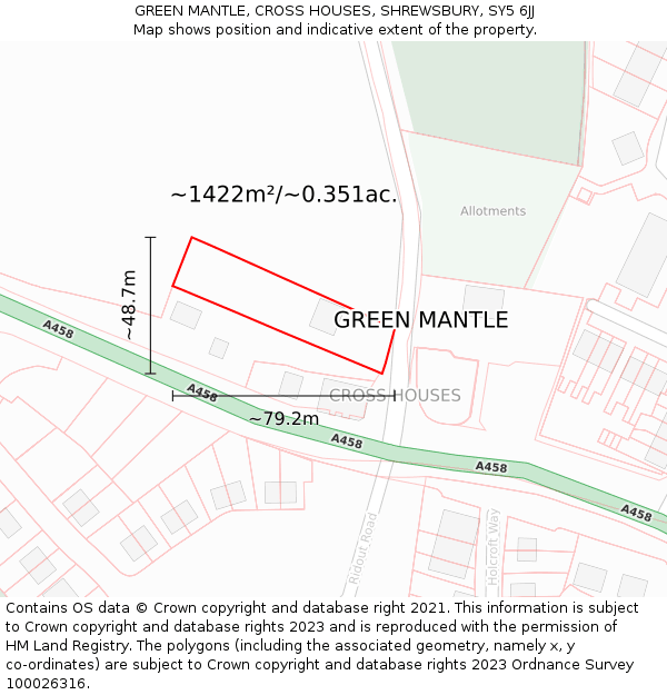 GREEN MANTLE, CROSS HOUSES, SHREWSBURY, SY5 6JJ: Plot and title map