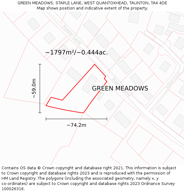 GREEN MEADOWS, STAPLE LANE, WEST QUANTOXHEAD, TAUNTON, TA4 4DE: Plot and title map