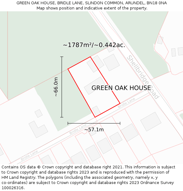 GREEN OAK HOUSE, BRIDLE LANE, SLINDON COMMON, ARUNDEL, BN18 0NA: Plot and title map