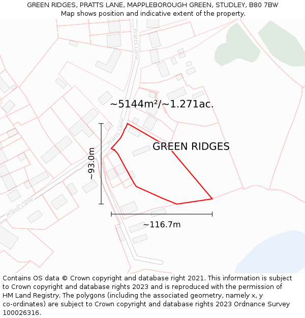 GREEN RIDGES, PRATTS LANE, MAPPLEBOROUGH GREEN, STUDLEY, B80 7BW: Plot and title map