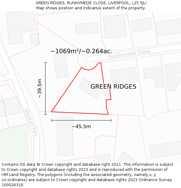 GREEN RIDGES, RUNNYMEDE CLOSE, LIVERPOOL, L25 5JU: Plot and title map