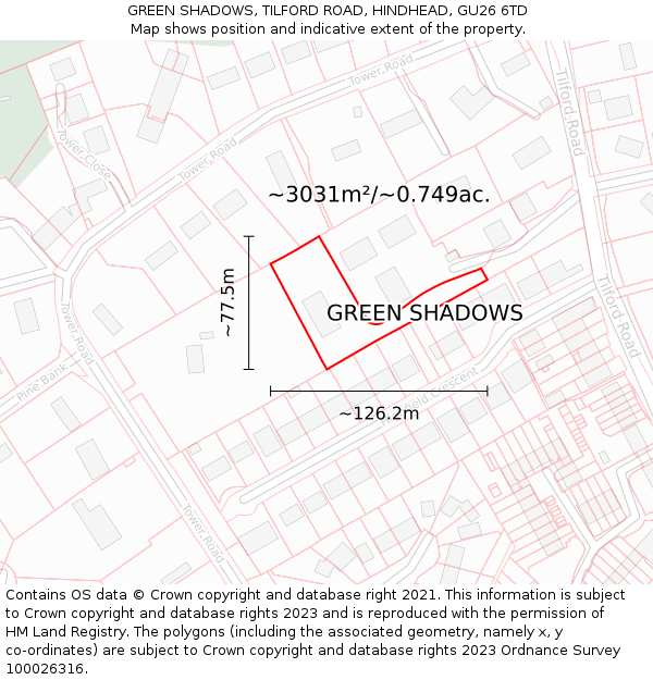 GREEN SHADOWS, TILFORD ROAD, HINDHEAD, GU26 6TD: Plot and title map