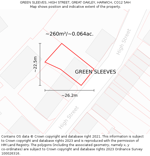 GREEN SLEEVES, HIGH STREET, GREAT OAKLEY, HARWICH, CO12 5AH: Plot and title map