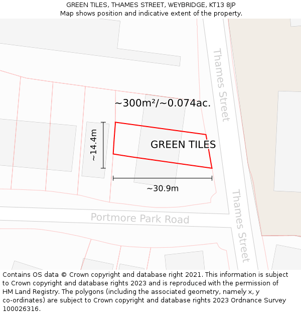 GREEN TILES, THAMES STREET, WEYBRIDGE, KT13 8JP: Plot and title map