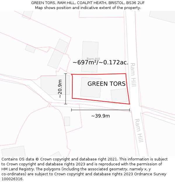 GREEN TORS, RAM HILL, COALPIT HEATH, BRISTOL, BS36 2UF: Plot and title map