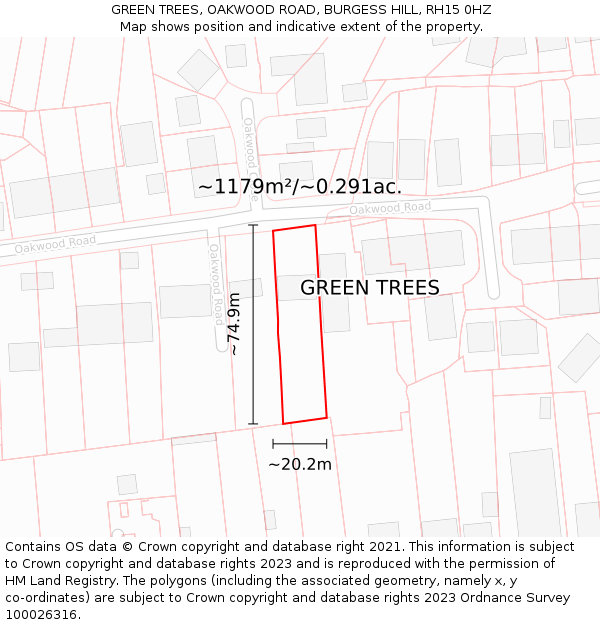GREEN TREES, OAKWOOD ROAD, BURGESS HILL, RH15 0HZ: Plot and title map