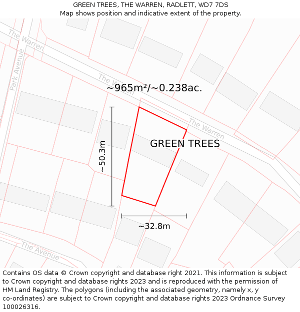 GREEN TREES, THE WARREN, RADLETT, WD7 7DS: Plot and title map