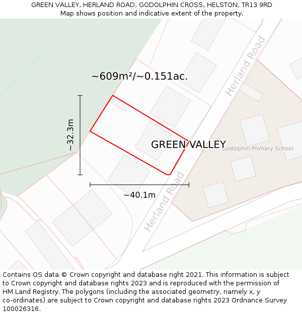 GREEN VALLEY, HERLAND ROAD, GODOLPHIN CROSS, HELSTON, TR13 9RD: Plot and title map