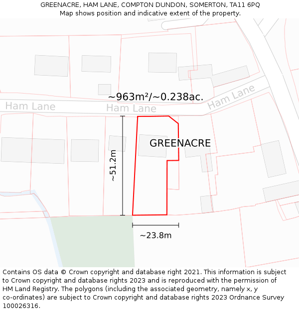 GREENACRE, HAM LANE, COMPTON DUNDON, SOMERTON, TA11 6PQ: Plot and title map