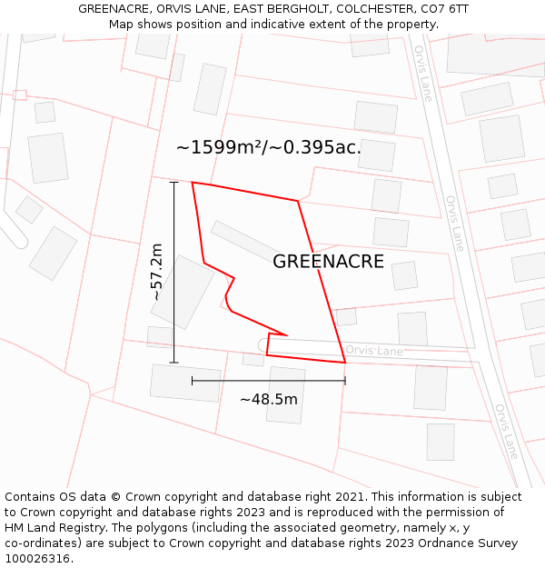 GREENACRE, ORVIS LANE, EAST BERGHOLT, COLCHESTER, CO7 6TT: Plot and title map