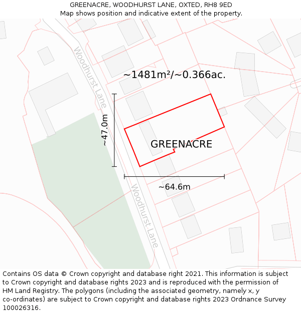 GREENACRE, WOODHURST LANE, OXTED, RH8 9ED: Plot and title map