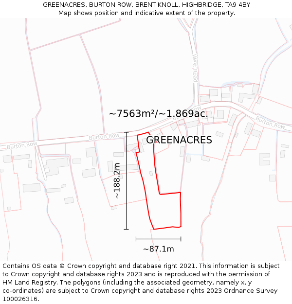 GREENACRES, BURTON ROW, BRENT KNOLL, HIGHBRIDGE, TA9 4BY: Plot and title map