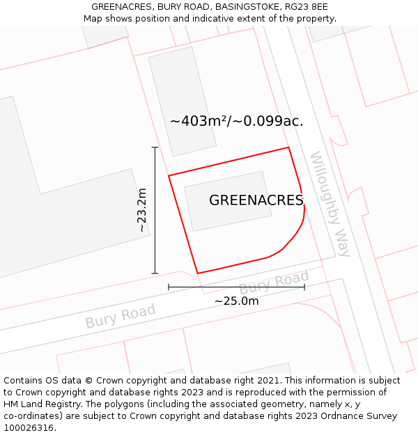 GREENACRES, BURY ROAD, BASINGSTOKE, RG23 8EE: Plot and title map