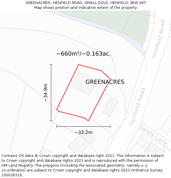 GREENACRES, HENFIELD ROAD, SMALL DOLE, HENFIELD, BN5 9XT: Plot and title map