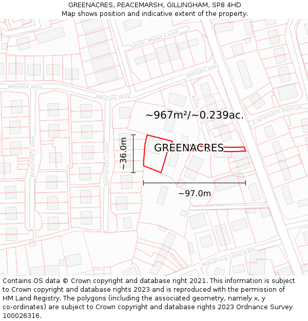 GREENACRES, PEACEMARSH, GILLINGHAM, SP8 4HD: Plot and title map