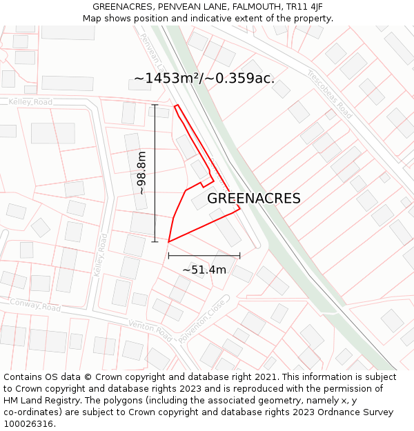 GREENACRES, PENVEAN LANE, FALMOUTH, TR11 4JF: Plot and title map