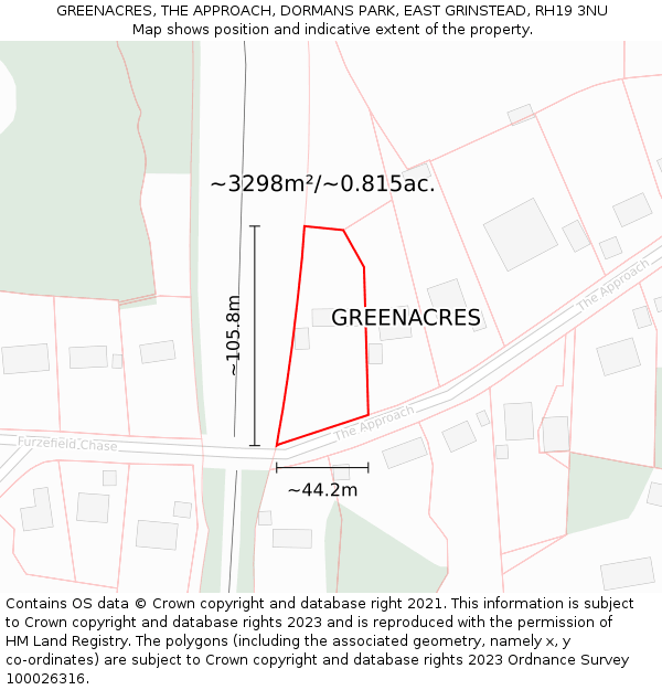 GREENACRES, THE APPROACH, DORMANS PARK, EAST GRINSTEAD, RH19 3NU: Plot and title map