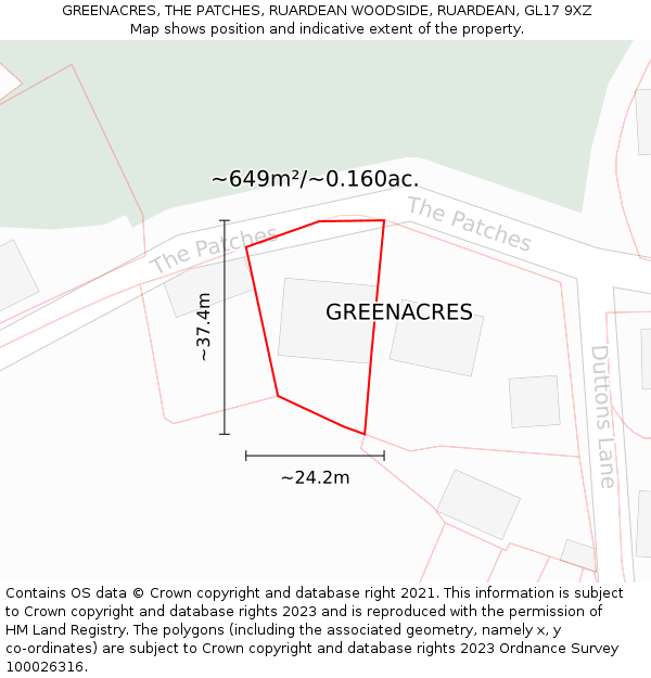 GREENACRES, THE PATCHES, RUARDEAN WOODSIDE, RUARDEAN, GL17 9XZ: Plot and title map