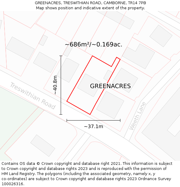 GREENACRES, TRESWITHIAN ROAD, CAMBORNE, TR14 7PB: Plot and title map