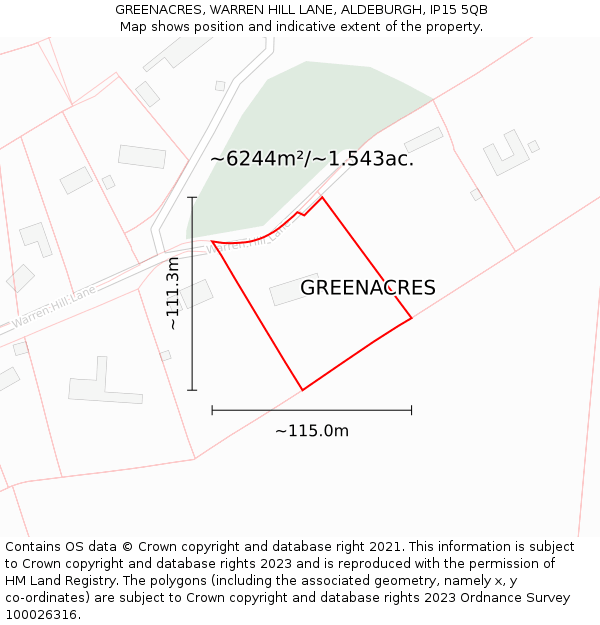 GREENACRES, WARREN HILL LANE, ALDEBURGH, IP15 5QB: Plot and title map