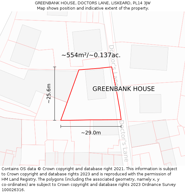 GREENBANK HOUSE, DOCTORS LANE, LISKEARD, PL14 3JW: Plot and title map