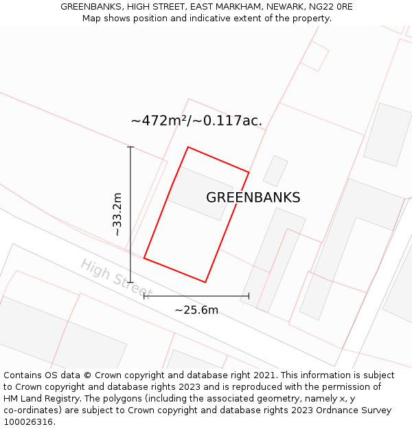 GREENBANKS, HIGH STREET, EAST MARKHAM, NEWARK, NG22 0RE: Plot and title map