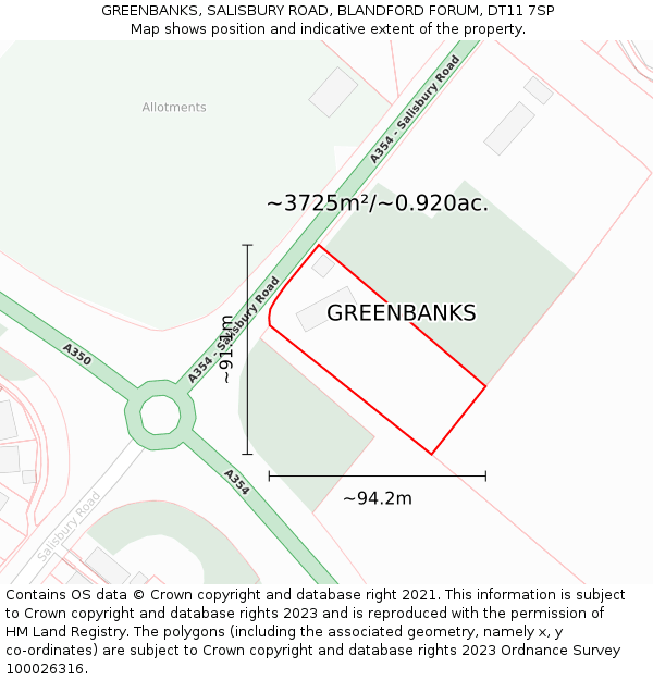 GREENBANKS, SALISBURY ROAD, BLANDFORD FORUM, DT11 7SP: Plot and title map