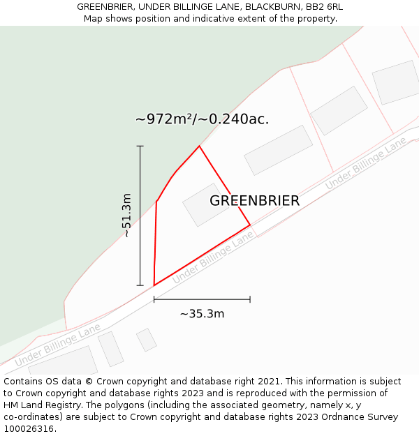 GREENBRIER, UNDER BILLINGE LANE, BLACKBURN, BB2 6RL: Plot and title map