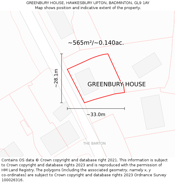 GREENBURY HOUSE, HAWKESBURY UPTON, BADMINTON, GL9 1AY: Plot and title map