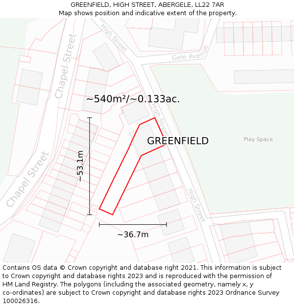 GREENFIELD, HIGH STREET, ABERGELE, LL22 7AR: Plot and title map