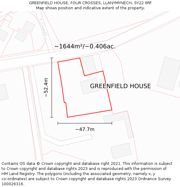 GREENFIELD HOUSE, FOUR CROSSES, LLANYMYNECH, SY22 6RF: Plot and title map