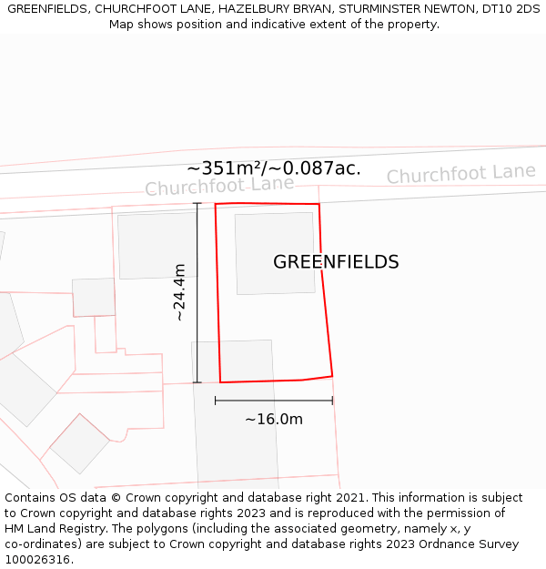 GREENFIELDS, CHURCHFOOT LANE, HAZELBURY BRYAN, STURMINSTER NEWTON, DT10 2DS: Plot and title map
