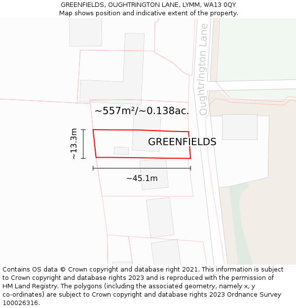 GREENFIELDS, OUGHTRINGTON LANE, LYMM, WA13 0QY: Plot and title map
