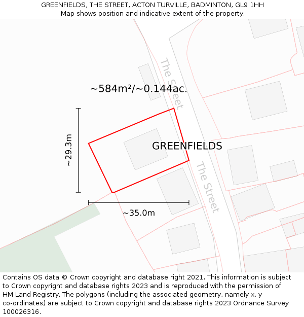 GREENFIELDS, THE STREET, ACTON TURVILLE, BADMINTON, GL9 1HH: Plot and title map