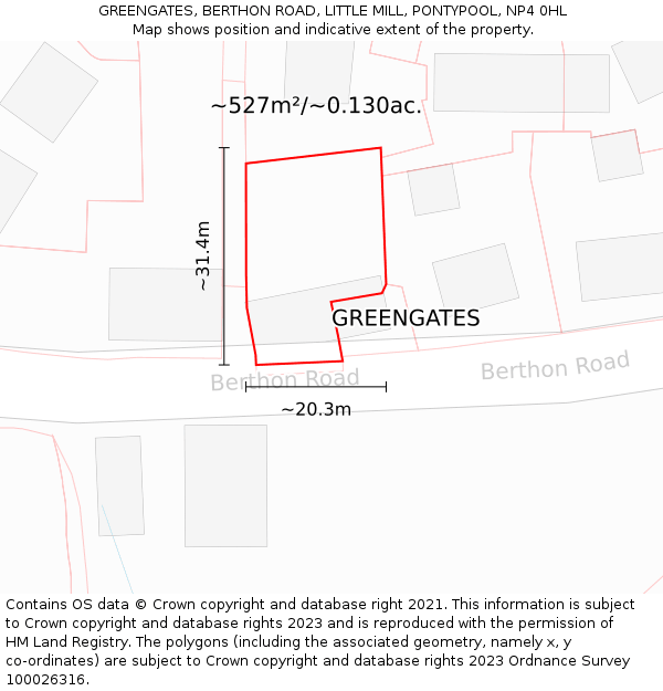 GREENGATES, BERTHON ROAD, LITTLE MILL, PONTYPOOL, NP4 0HL: Plot and title map