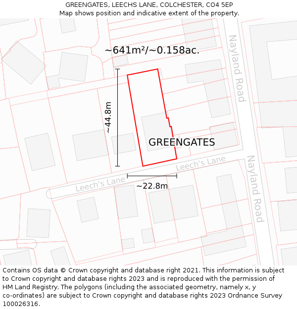 GREENGATES, LEECHS LANE, COLCHESTER, CO4 5EP: Plot and title map