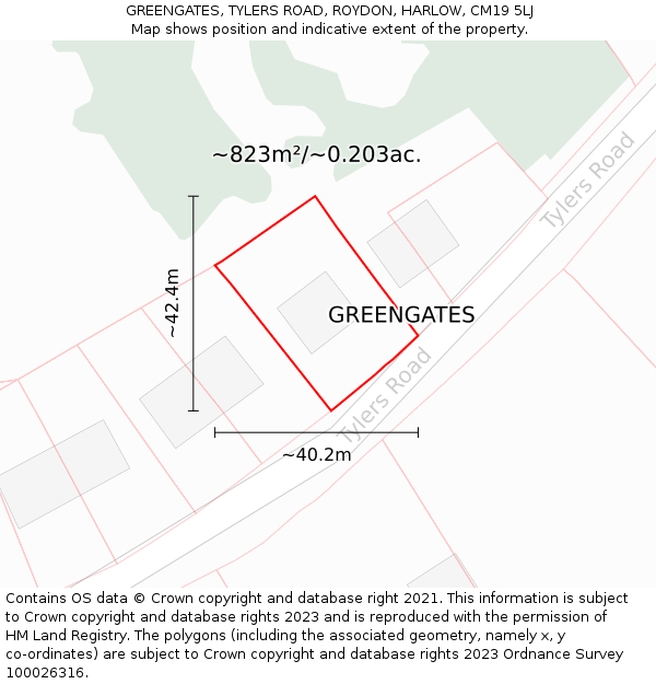 GREENGATES, TYLERS ROAD, ROYDON, HARLOW, CM19 5LJ: Plot and title map