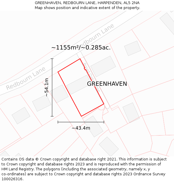 GREENHAVEN, REDBOURN LANE, HARPENDEN, AL5 2NA: Plot and title map