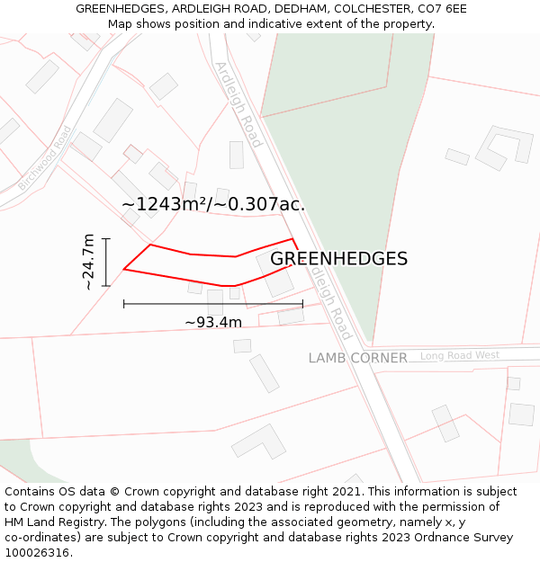 GREENHEDGES, ARDLEIGH ROAD, DEDHAM, COLCHESTER, CO7 6EE: Plot and title map