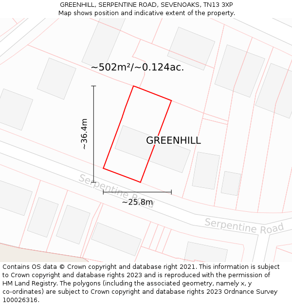 GREENHILL, SERPENTINE ROAD, SEVENOAKS, TN13 3XP: Plot and title map