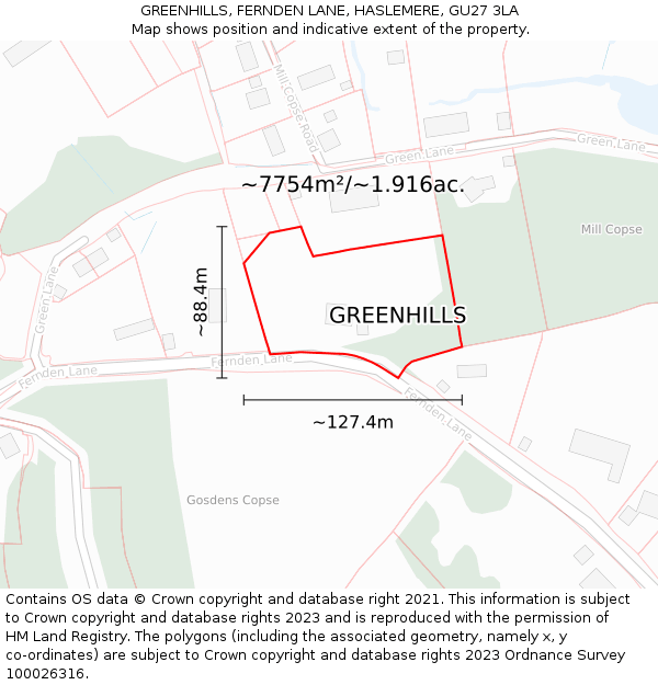 GREENHILLS, FERNDEN LANE, HASLEMERE, GU27 3LA: Plot and title map
