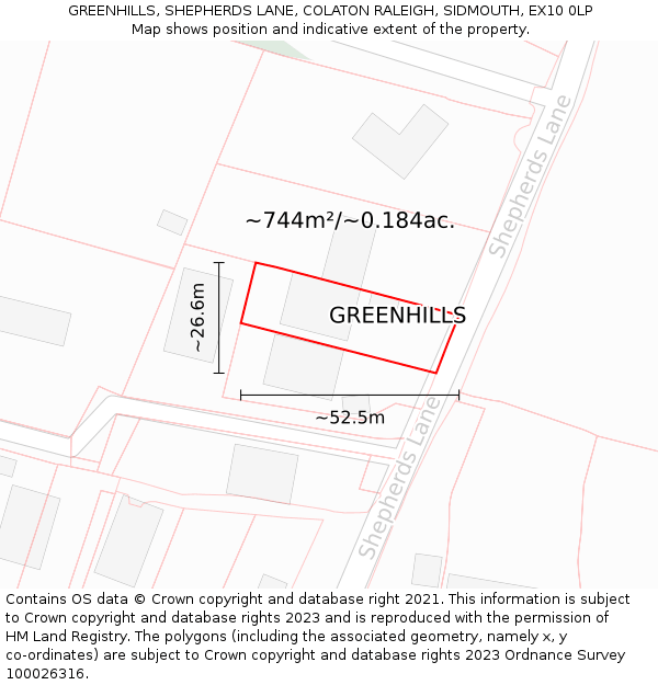 GREENHILLS, SHEPHERDS LANE, COLATON RALEIGH, SIDMOUTH, EX10 0LP: Plot and title map