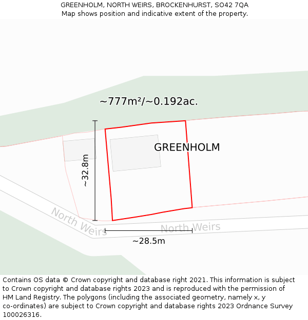 GREENHOLM, NORTH WEIRS, BROCKENHURST, SO42 7QA: Plot and title map