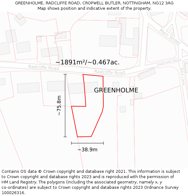 GREENHOLME, RADCLIFFE ROAD, CROPWELL BUTLER, NOTTINGHAM, NG12 3AG: Plot and title map