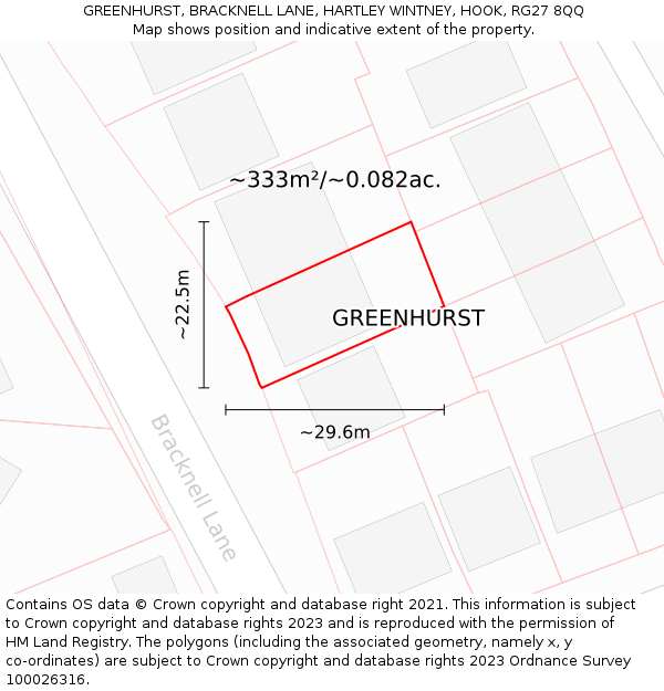 GREENHURST, BRACKNELL LANE, HARTLEY WINTNEY, HOOK, RG27 8QQ: Plot and title map