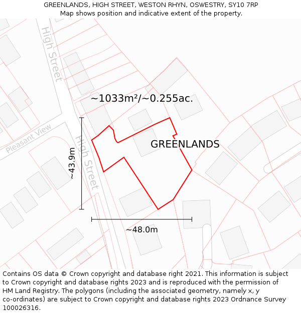 GREENLANDS, HIGH STREET, WESTON RHYN, OSWESTRY, SY10 7RP: Plot and title map