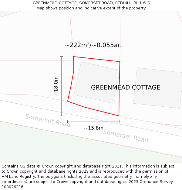 GREENMEAD COTTAGE, SOMERSET ROAD, REDHILL, RH1 6LS: Plot and title map